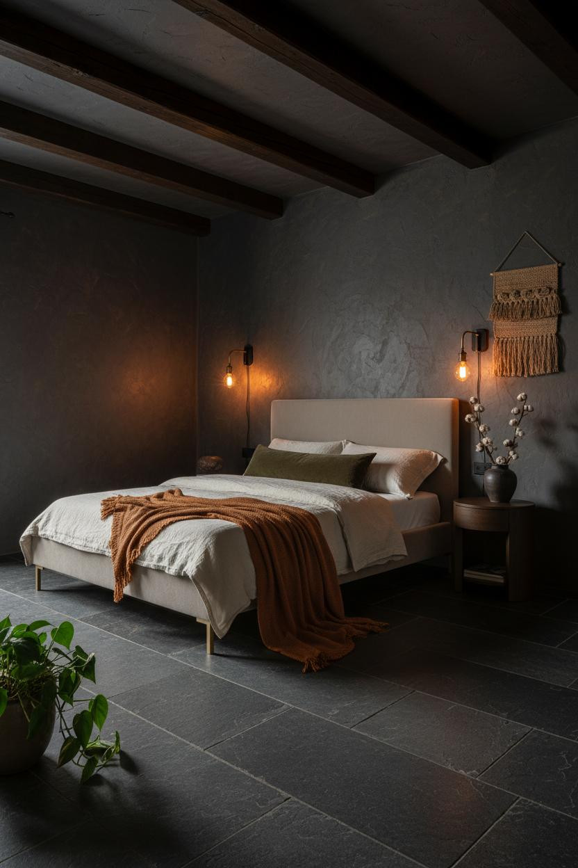 Dark earthy bedroom with warm neutral tones, natural wood nightstand, soft layered bedding, and muted earth-toned walls creating a cozy moody aesthetic.