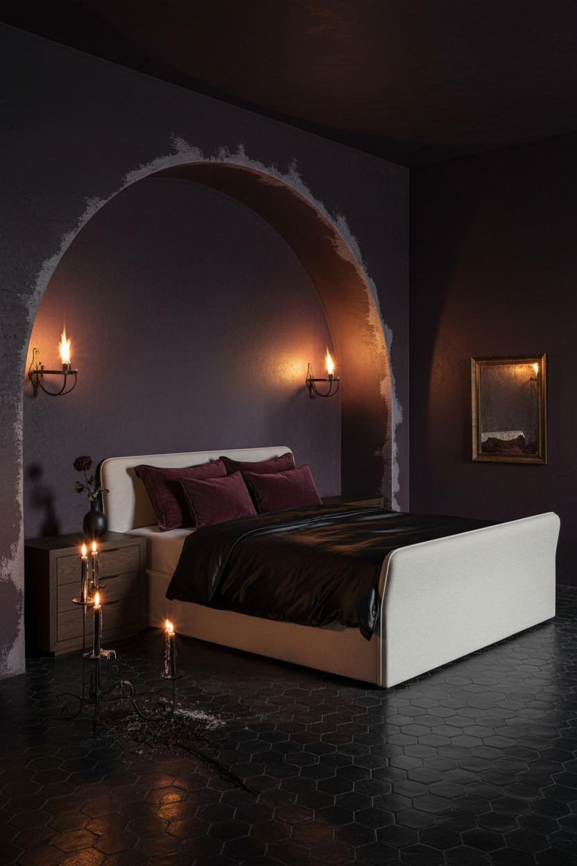 Dark feminine bedroom with black silk bedding, burgundy accents, soft ambient lighting, wooden nightstand, and sheer dark curtains creating a romantic, cozy atmosphere.
