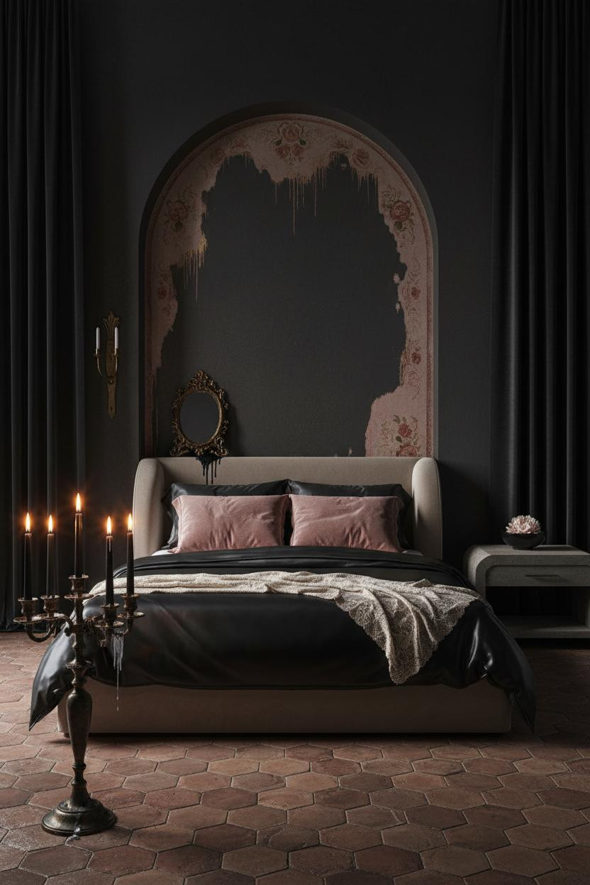 Dark feminine bedroom with black silk bedding on canopy bed, burgundy accents, soft ambient lighting, black curtains, and nightstand styling in romantic coquette aesthetic.
