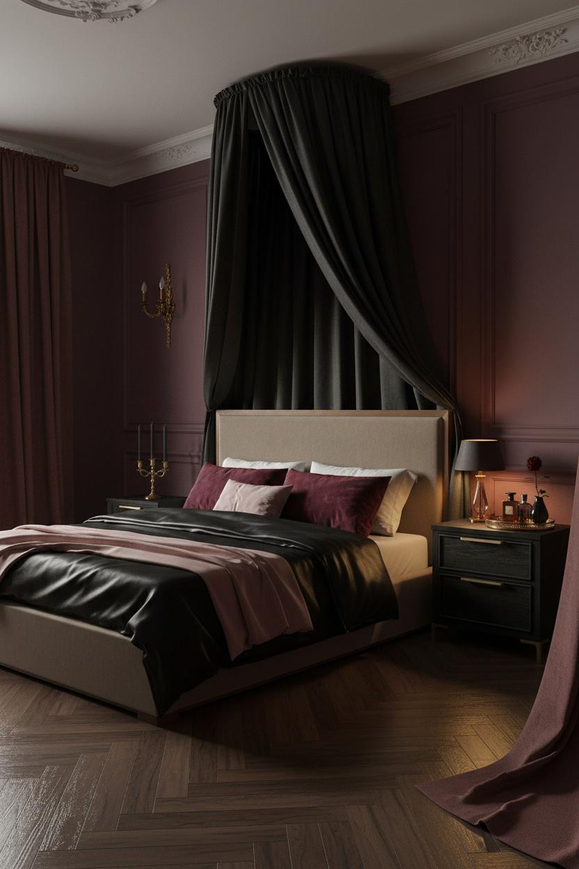 Dark feminine bedroom with black silk bedding on canopy bed, burgundy accents, matte black nightstand, soft ambient lighting, and romantic coquette decor throughout the space.