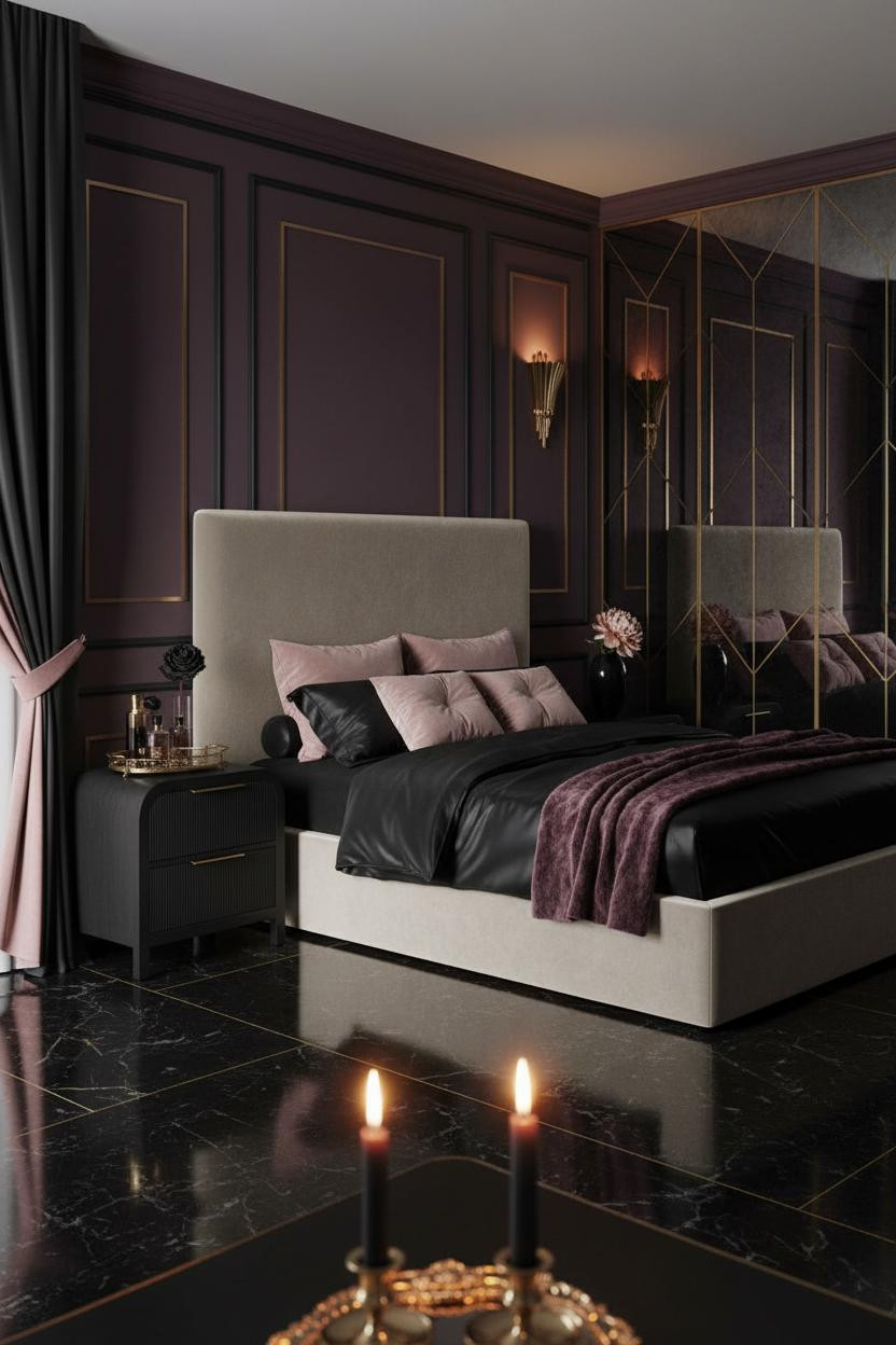 Dark feminine bedroom with black silk bedding, burgundy accents, canopy frame, soft ambient lighting, wooden nightstand, and romantic coquette decor in neutral tones.