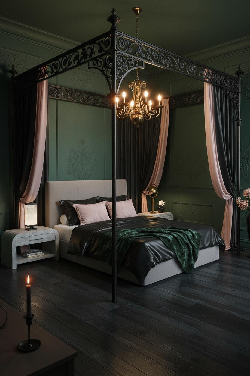 Dark feminine bedroom with black silk bedding on canopy bed, burgundy velvet accents, soft warm lighting from brass bedside lamp, blush pink pillows, and moody romantic decor throughout the space.