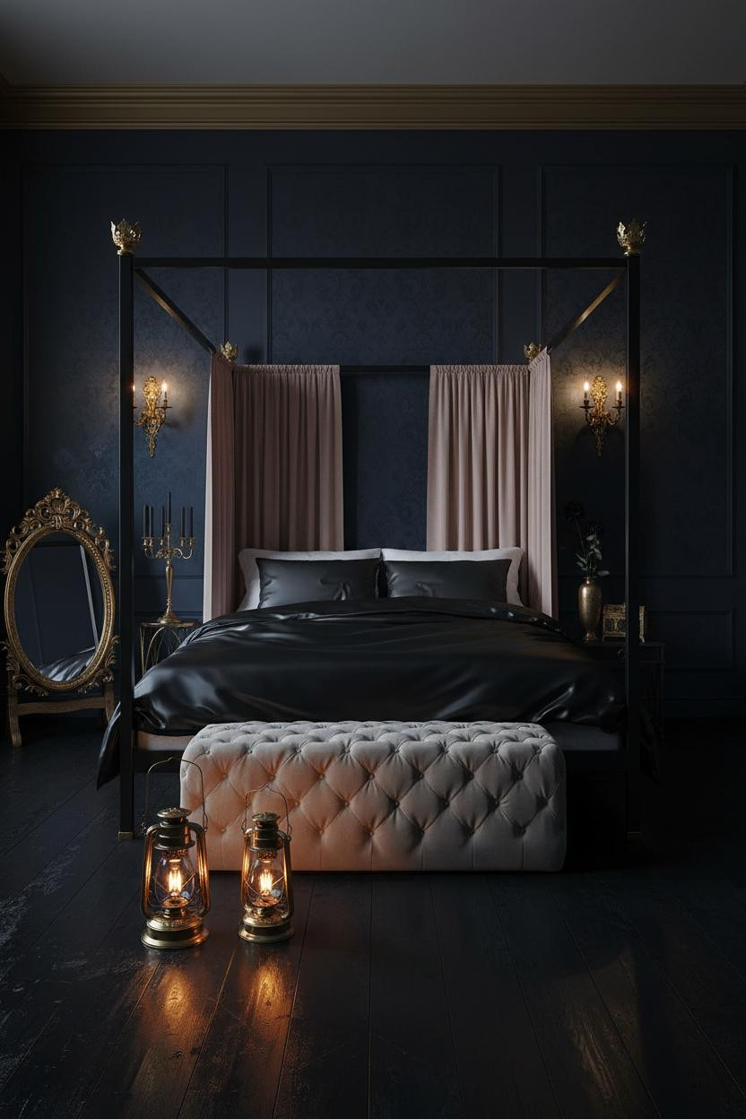 Dark feminine bedroom with black silk bedding on tufted bed frame, burgundy accent wall, pink velvet ottoman, sheer black curtains, and soft warm lighting from brass fixtures.