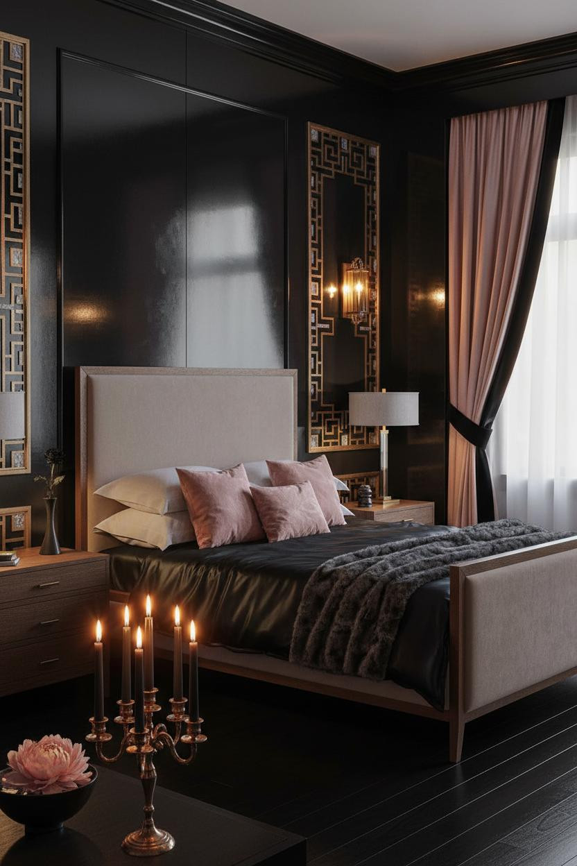 Dark feminine bedroom with black silk bedding, burgundy velvet accents, brass bedside lamp, sheer black curtains, and soft ambient lighting creating a romantic coquette aesthetic.