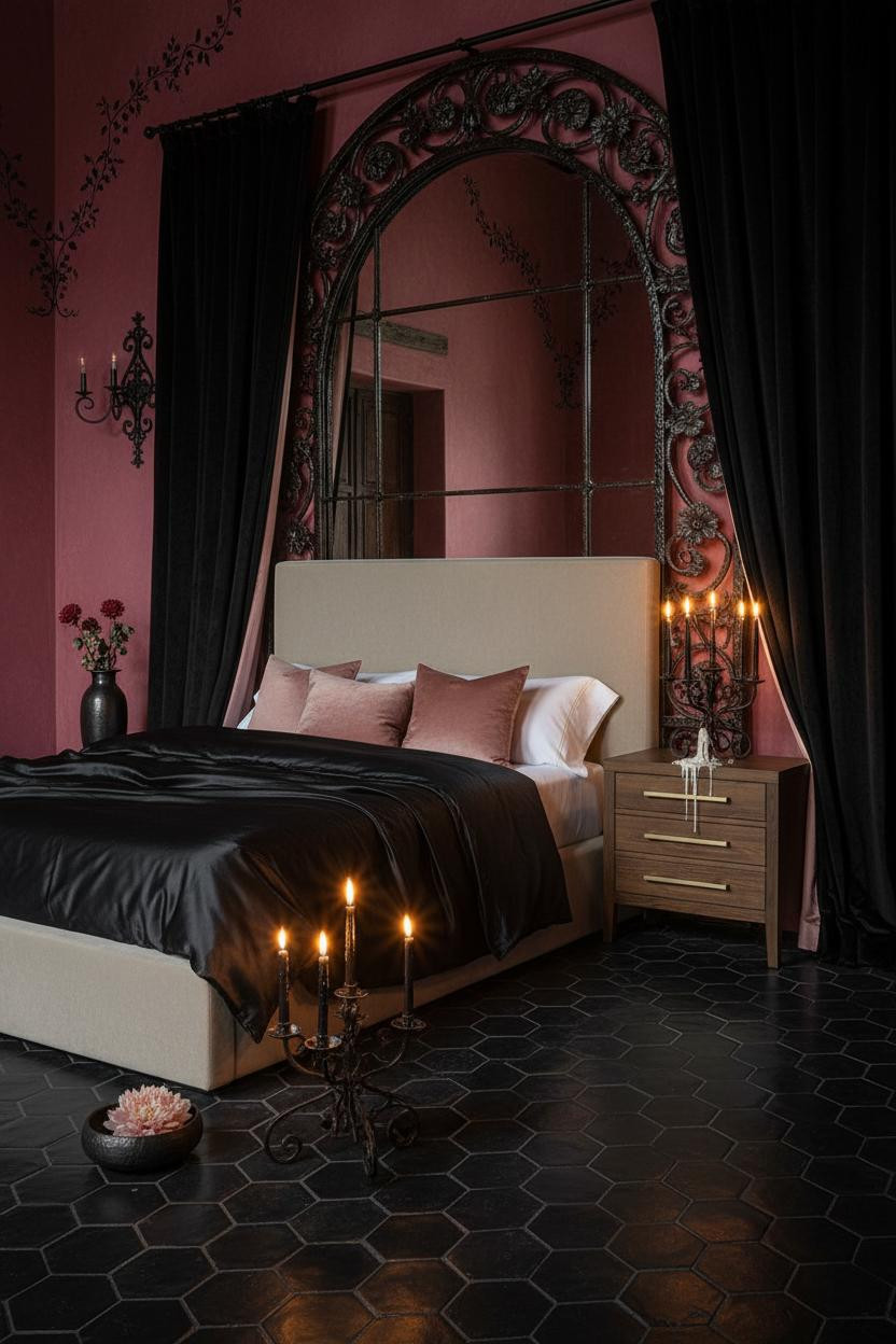 Dark feminine bedroom with black silk bedding on canopy bed, burgundy velvet accents, soft warm lighting from brass fixtures, cream nightstand, and moody romantic decor in neutral tones.