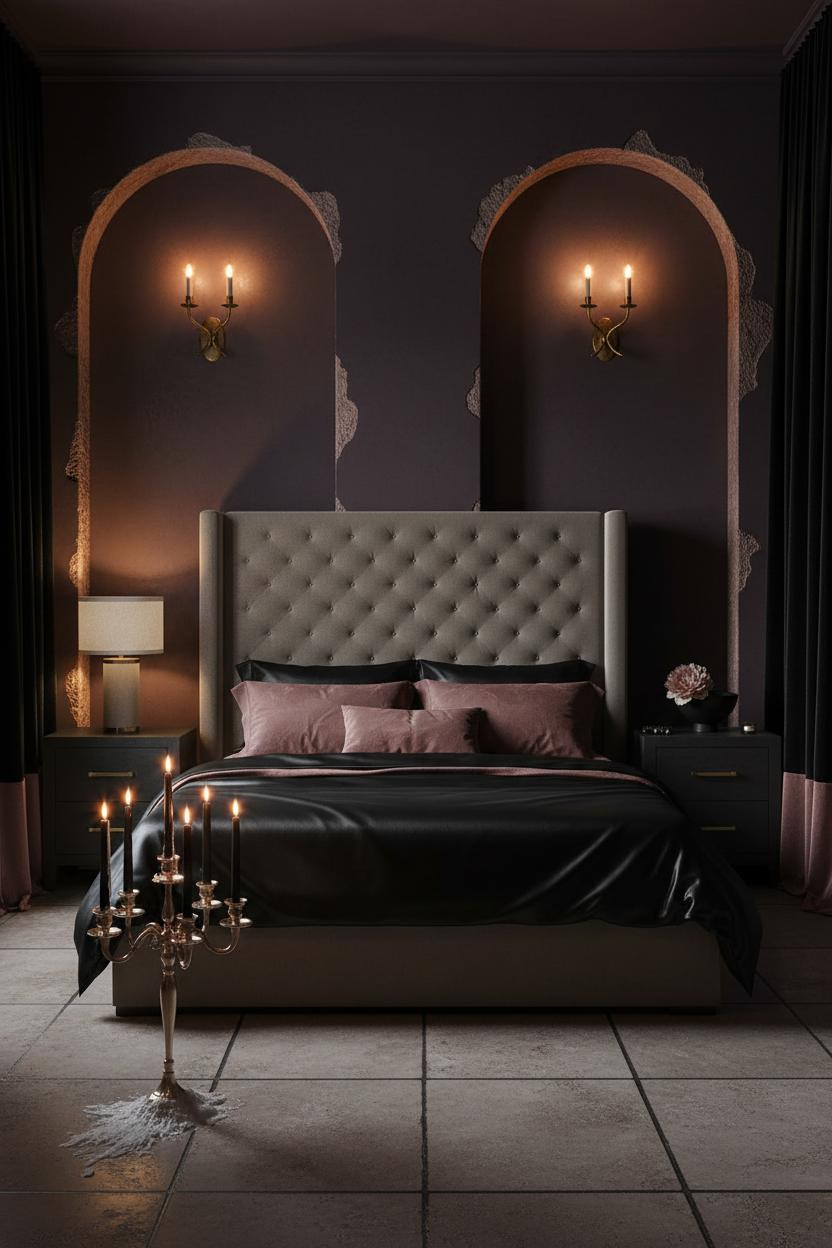 Dark feminine bedroom with black silk bedding on canopy bed, burgundy velvet accents, soft brass bedside lamp, sheer black curtains, and elegant vanity with warm lighting in moody romantic space.