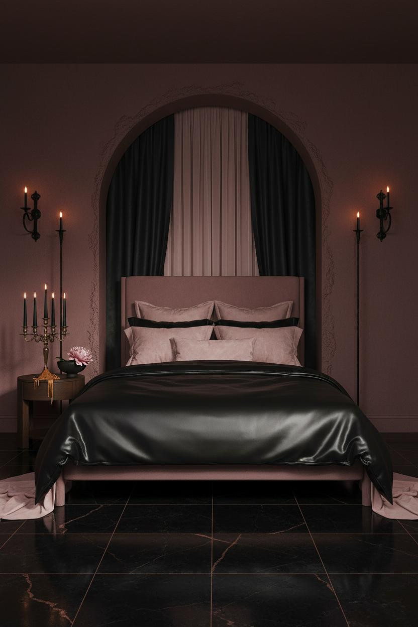 Dark feminine bedroom with black silk bedding on canopy bed, burgundy velvet accents, soft warm lighting from brass fixtures, blush pink pillows, and feminine vanity with mirror against moody walls.