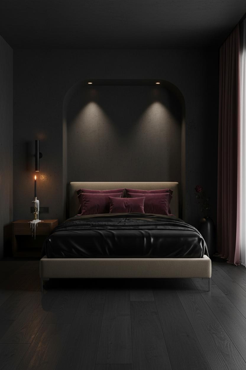 Dark feminine bedroom with black silk bedding on canopy bed, burgundy accents, soft ambient lighting from brass fixtures, cream nightstand, moody romantic aesthetic with clean lines and luxe textures.