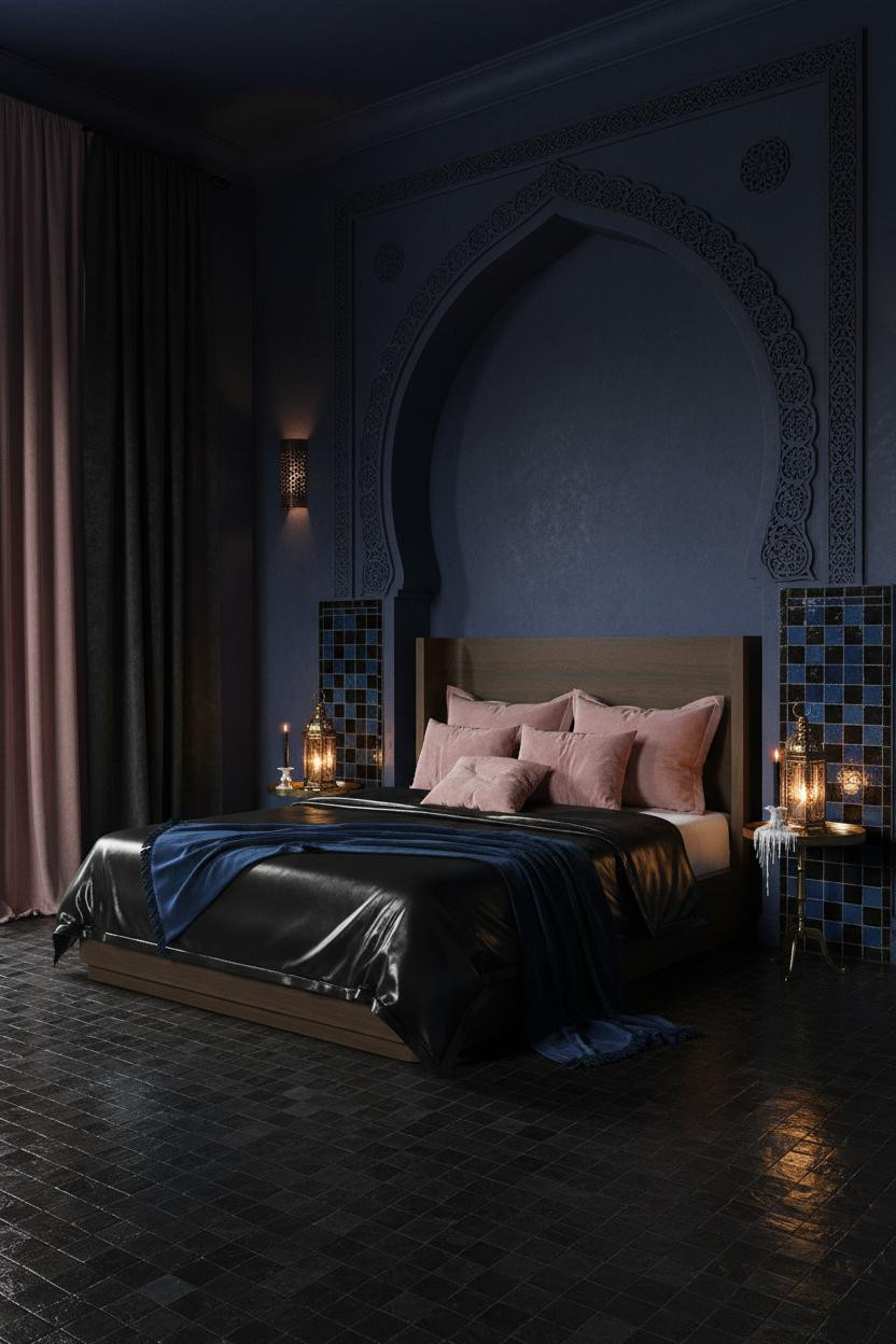 Dark feminine bedroom with black silk bedding on canopy bed, burgundy velvet accents, brass bedside lamp, sheer black curtains, and soft ambient lighting creating a romantic moody atmosphere.