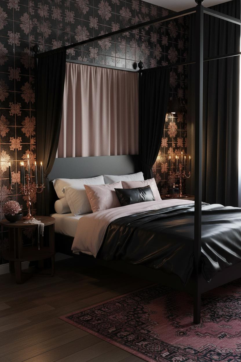 Dark feminine bedroom with black silk bedding on wood frame bed, burgundy accent wall, soft ambient lighting from brass fixtures, pink velvet chair, and dark curtains creating moody romantic atmosphere.