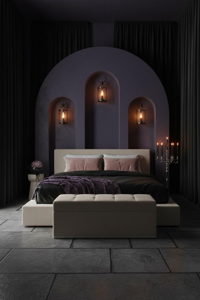 Dark feminine bedroom with black silk bedding on canopy bed, burgundy accents, soft ambient lighting, storage bench, and romantic moody decor in neutral tones.