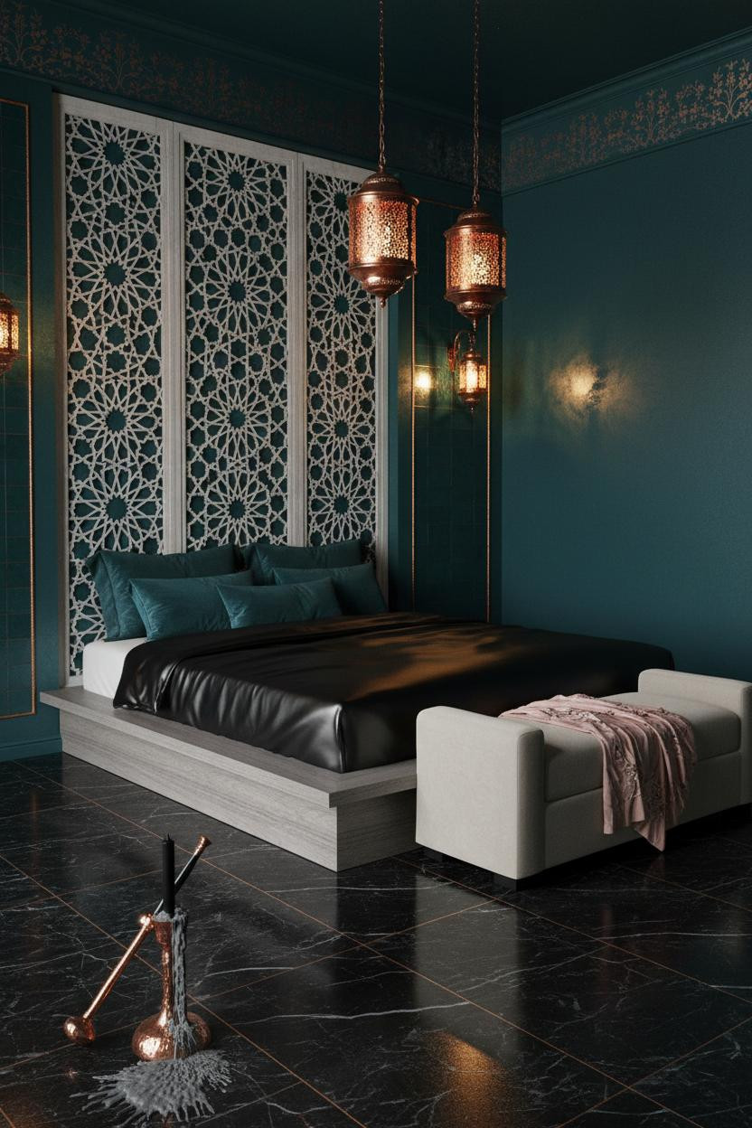 Dark feminine bedroom with black silk bedding on canopy bed, burgundy accent wall, soft pink lighting, cushioned bench, and moody romantic decor throughout bright natural light.