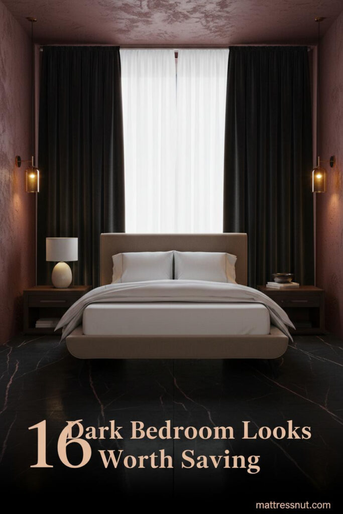 Dark feminine bedroom with deep oxblood walls, black velvet curtains, silk bedding, and warm amber sconce lighting for a moody romantic look