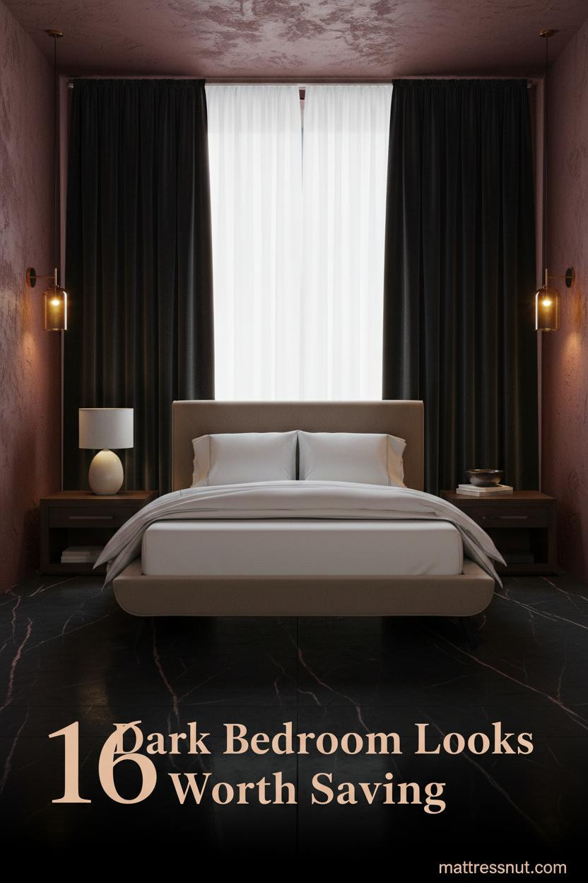 Dark feminine bedroom with deep oxblood walls, black velvet curtains, silk bedding, and warm amber sconce lighting for a moody romantic look