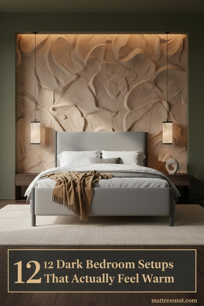 Dark gray bed frame bedroom with warm plaster accent wall, ivory linen bedding, camel throw, walnut floors, and amber sconce lighting