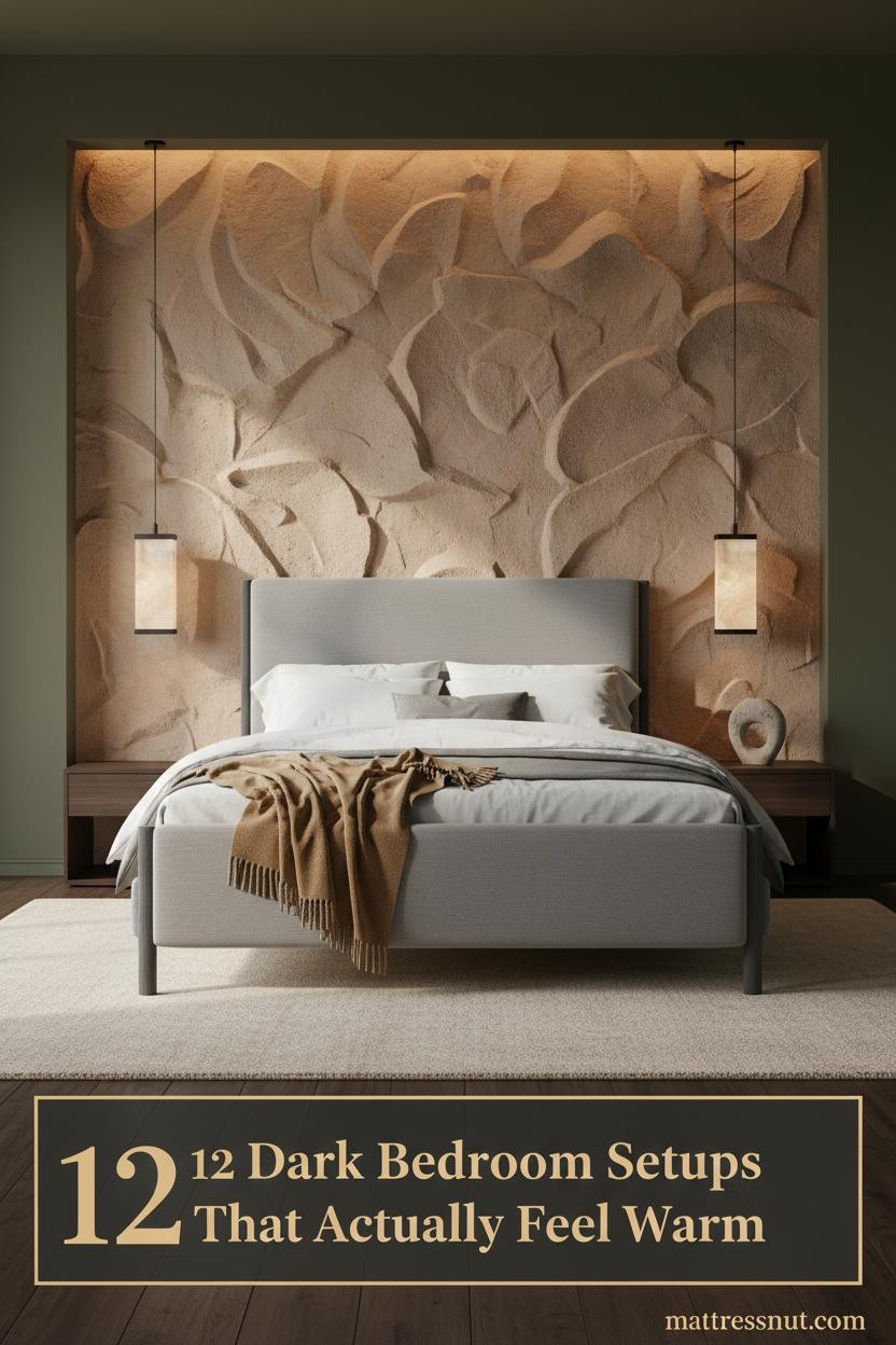 Dark gray bed frame bedroom with warm plaster accent wall, ivory linen bedding, camel throw, walnut floors, and amber sconce lighting