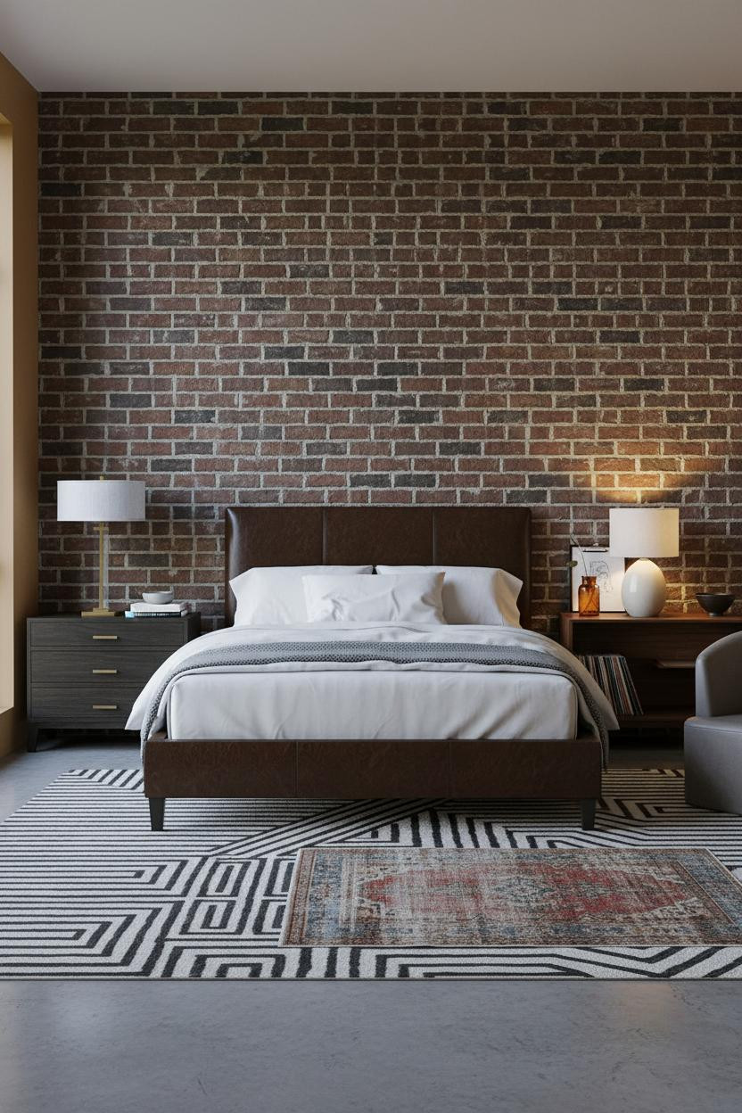 Dark Grey Bed Frame Bedroom Exposed Brick