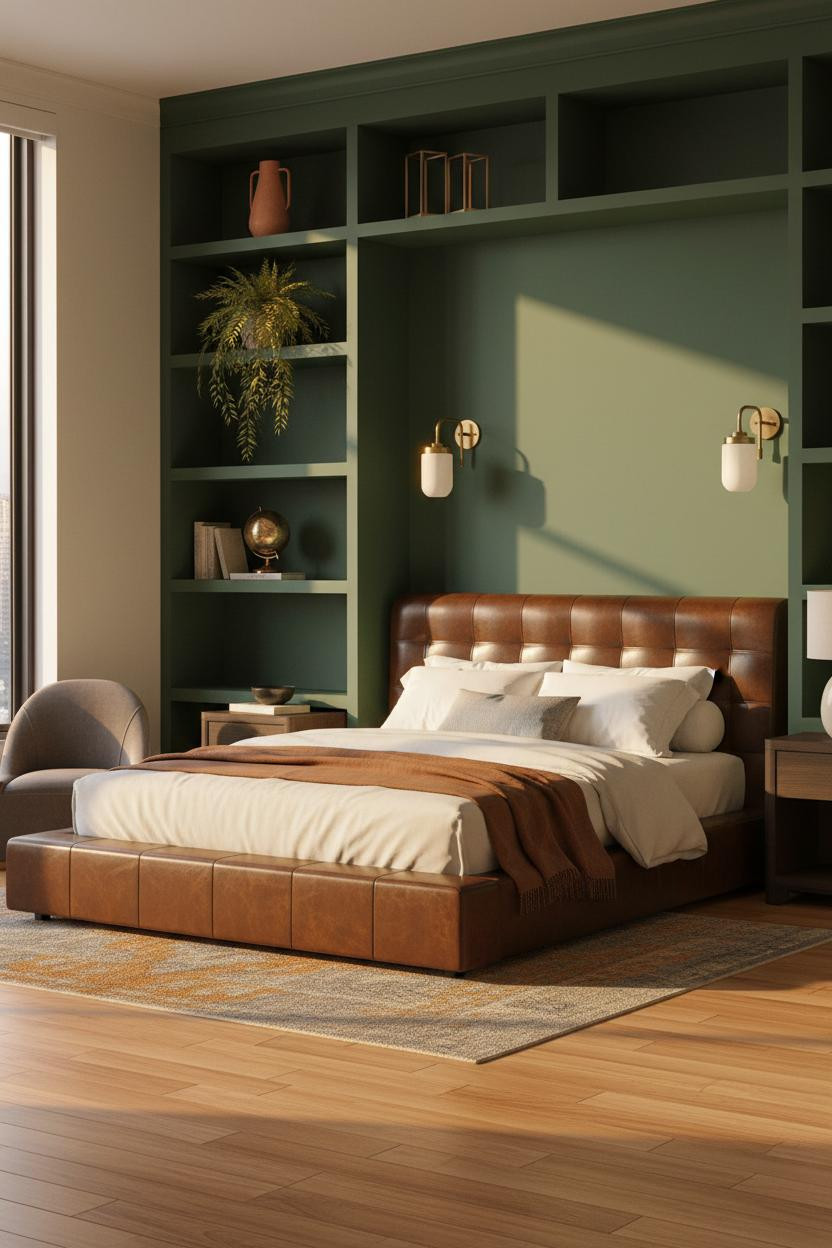 Dark Grey Bed Frame Forest Green Shelving