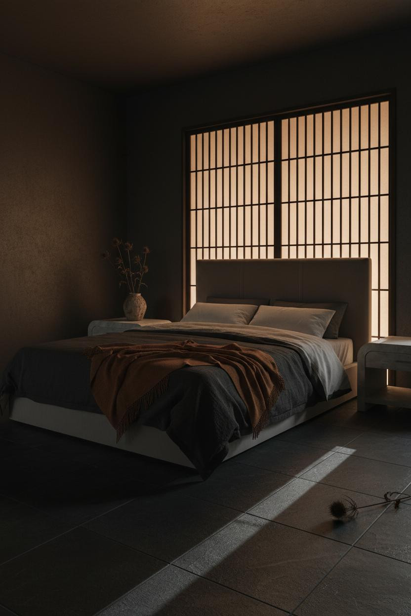 Dark moody bedroom with rich jewel tones, soft bedside lamp casting warm glow, vintage wooden frame bed, layered linens, and romantic cottagecore aesthetic with natural textures and intimate lighting.