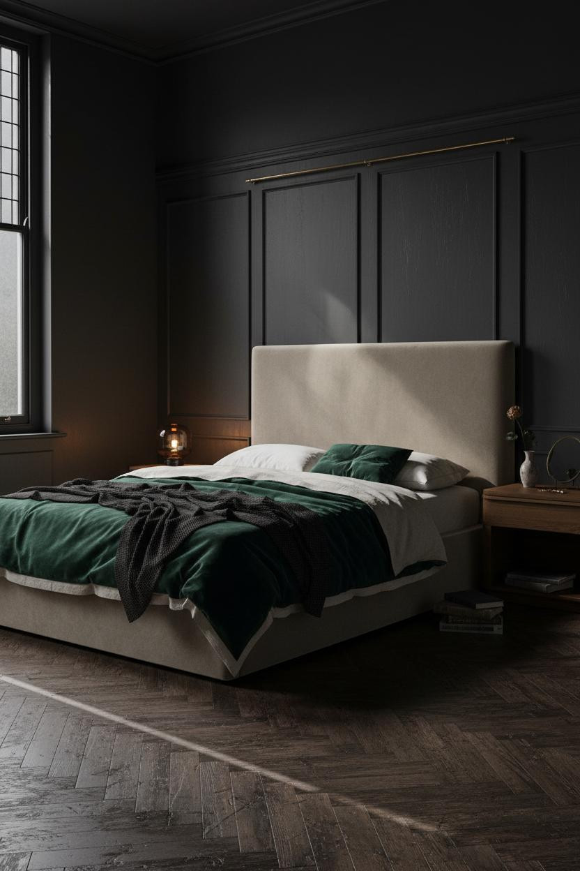 Dark moody bedroom with vintage bed frame, soft ambient lighting, earthy color palette of deep charcoal and warm cream, wooden nightstand, romantic feminine aesthetic with layered textures and natural materials.
