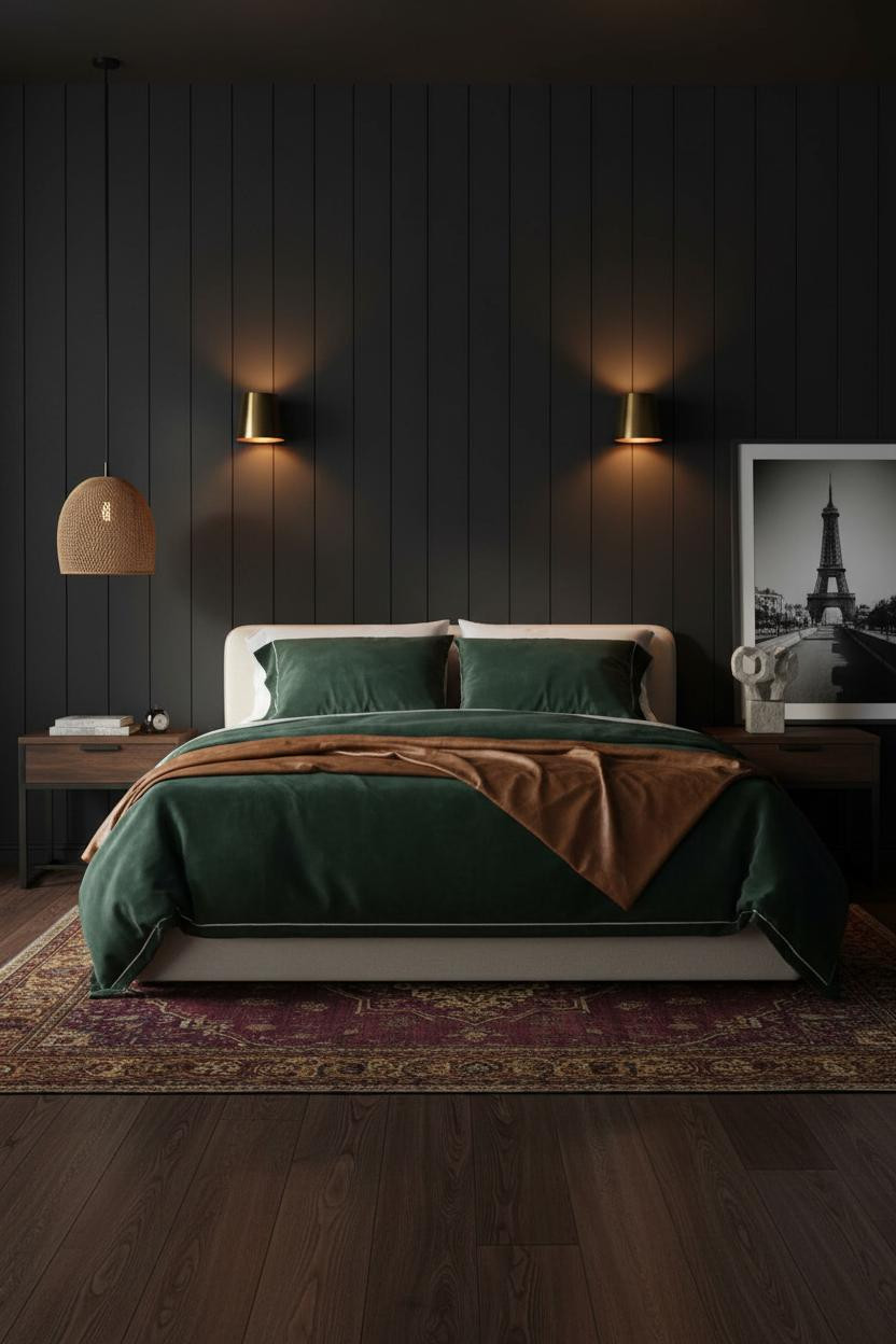 Dark Romantic Couples Bedroom Charcoal Paneling