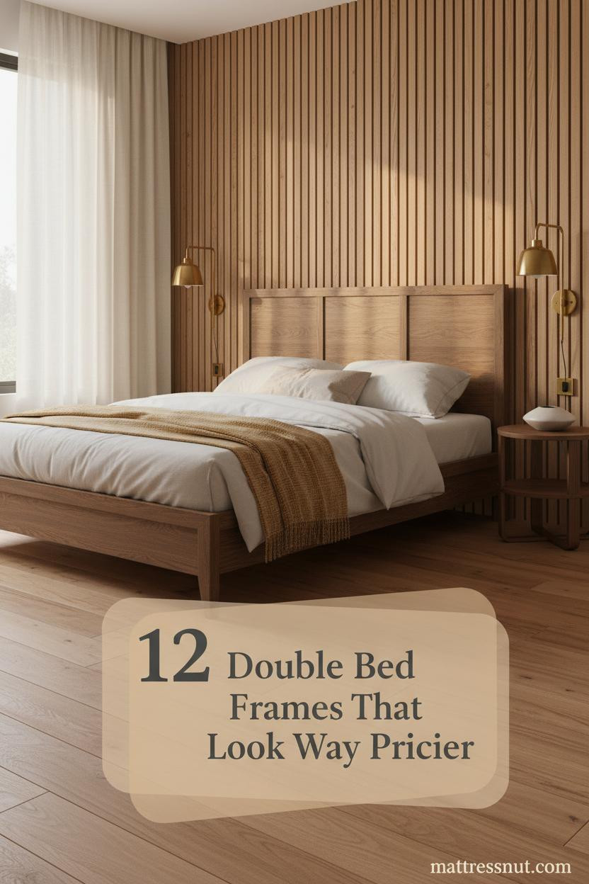 Warm oak bedroom with vertical slatted accent wall, ivory linen bedding, mustard wool throw, brass sconces, and walnut nightstand details