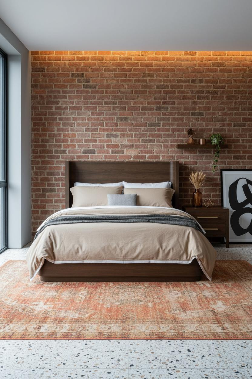 Double Bed Wood Frame Brick Accent