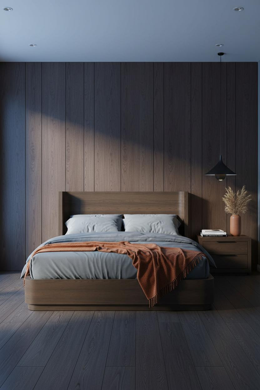 Double Bed Wood Headboard Japandi Design