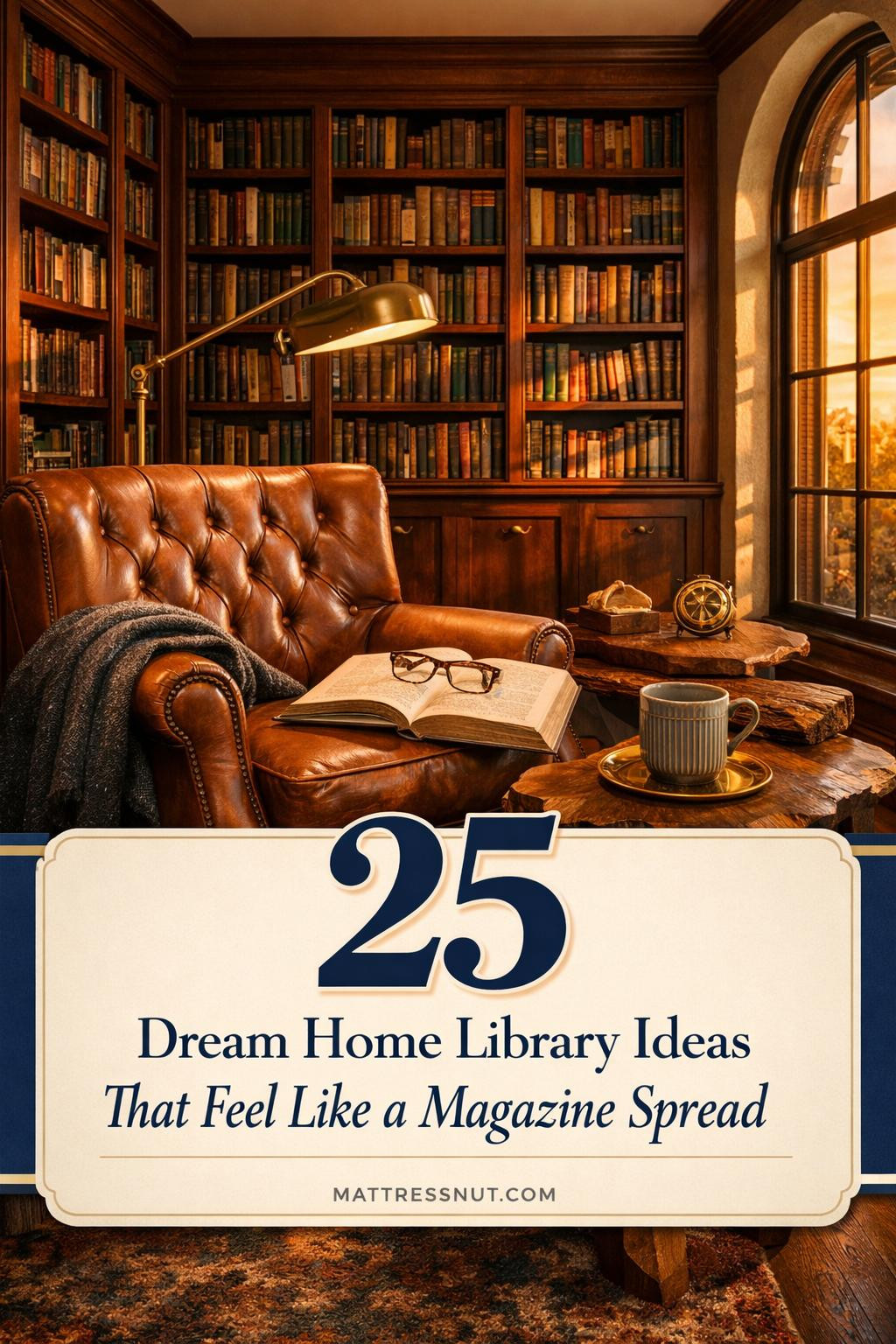 Elegant home library featuring floor-to-ceiling wooden bookshelves, leather armchairs, warm lighting, and a rolling ladder