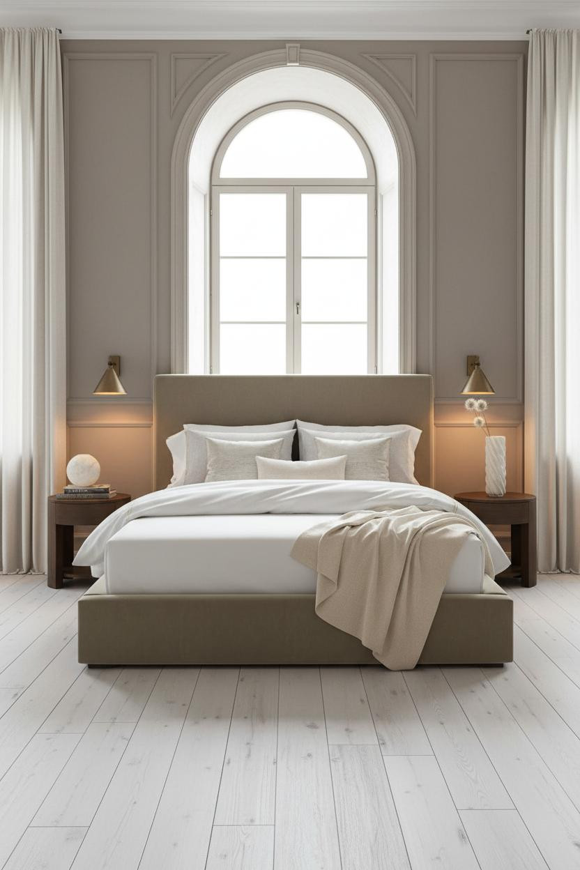 Bright, airy mansion master bedroom with neutral cream and beige tones, modern bed frame, elegant nightstand, soft natural window light, clean architectural lines, and minimalist luxury decor.