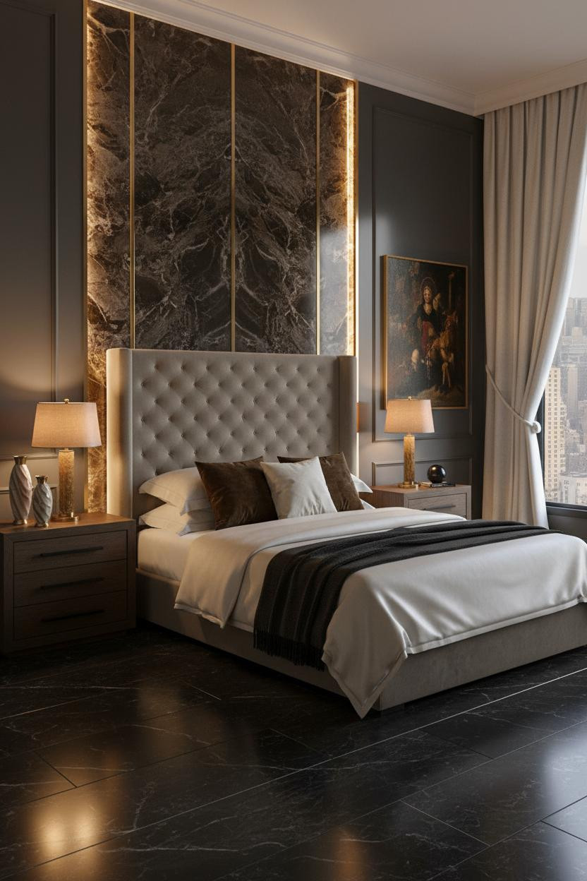 Bright, airy mansion bedroom with neutral cream and beige palette, modern bed frame, elegant wooden nightstand, soft natural window light, clean architectural lines, and minimalist decor creating a serene luxury retreat.