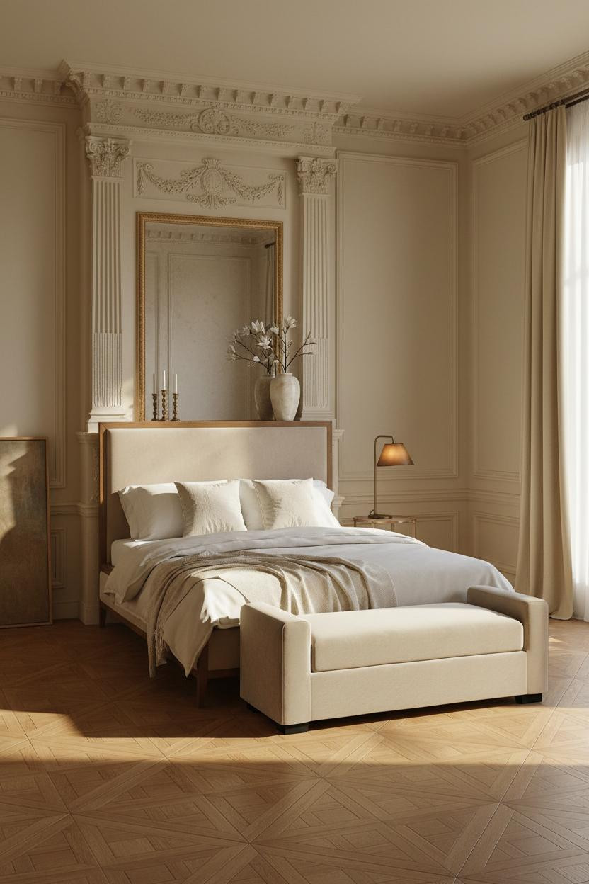 Bright, airy mansion bedroom with upholstered bed frame, cream linen bedding, cushioned bench at foot, soft beige walls, natural light from windows, clean modern luxury aesthetic.