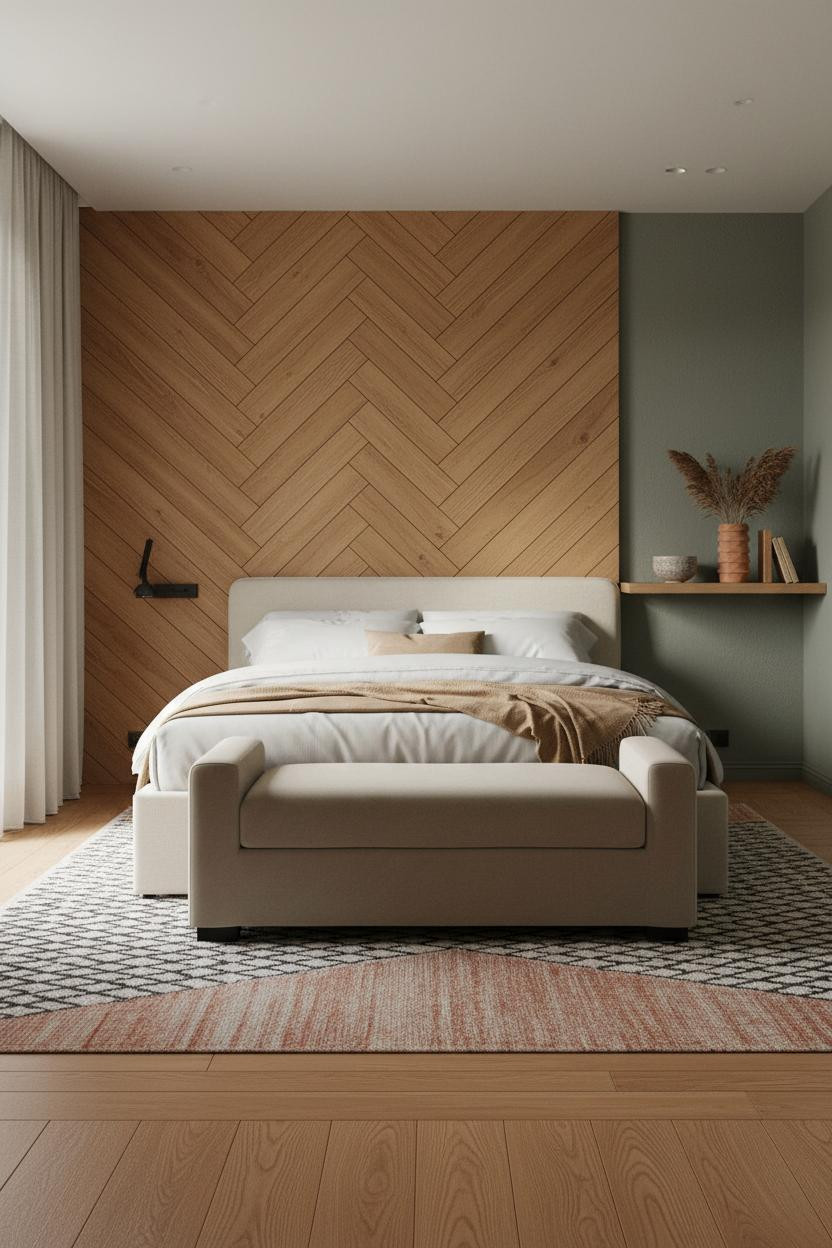 Earth Tone Green Bedroom Herringbone Wood Paneling