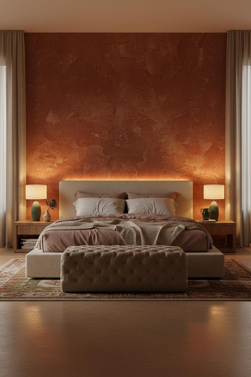 Earth Tone Green Bedroom Terracotta Accent Wall