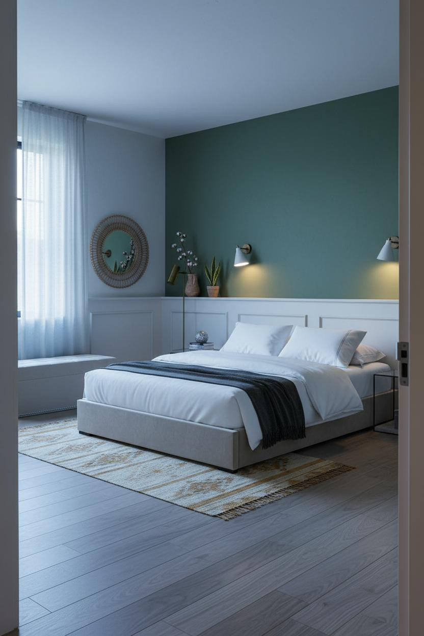 Earth Tone Green Bedroom Wainscoting Natural