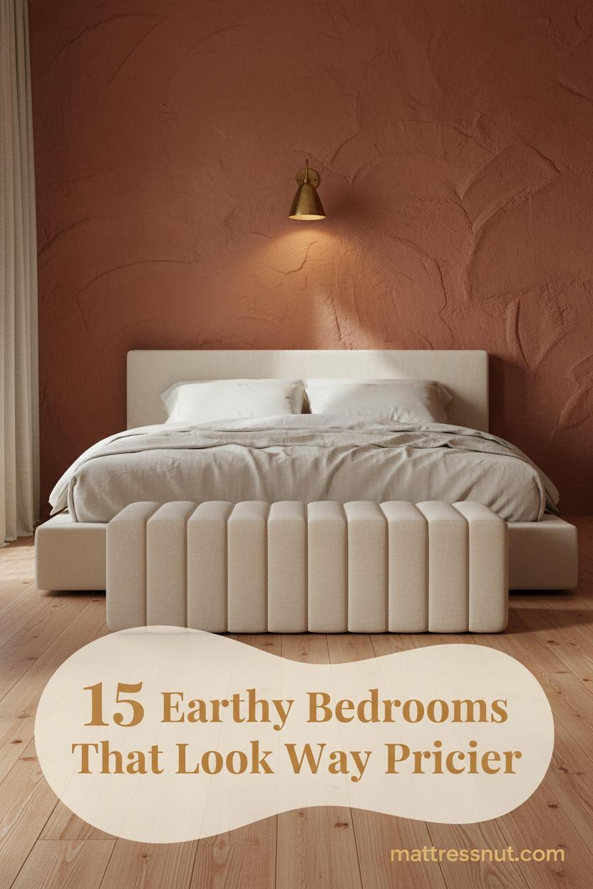 Earthy bedroom with deep terracotta plaster wall, oat linen bedding, warm brass sconce, woven bench, and oiled pine floors in amber light