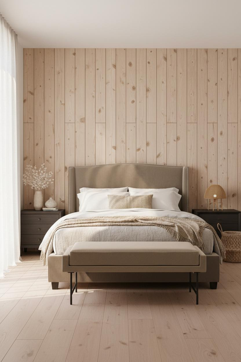Bright earthy bedroom with warm beige walls, natural wood bed frame, cream bedding, woven textures, and cushioned bench at foot of bed in soft neutral tones.