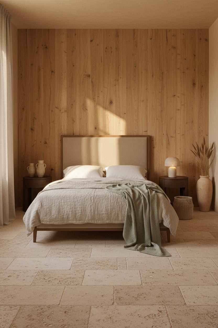 Bright, airy earthy bedroom with warm beige walls, natural wood bed frame, cream bedding, wooden nightstand, soft window light, minimal decor, and neutral tones throughout.