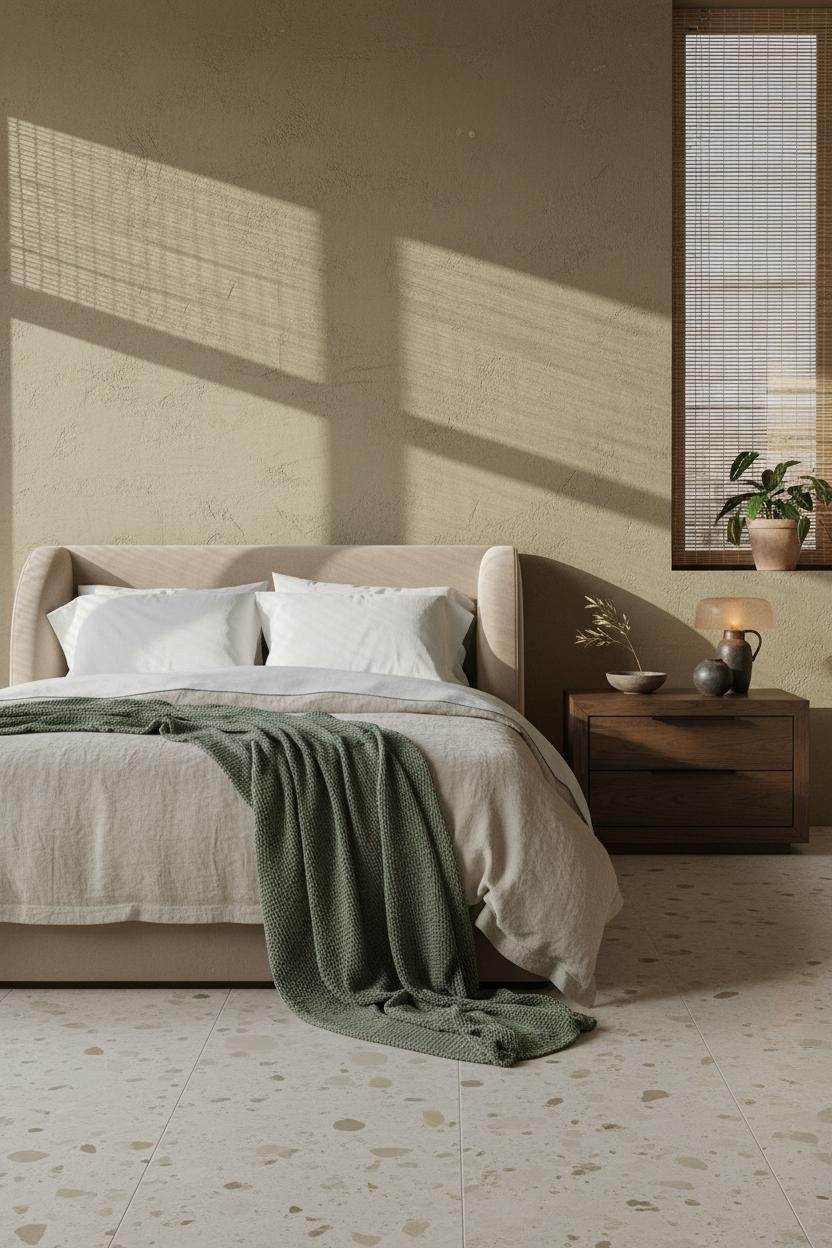 Bright, airy earthy bedroom with natural wood bed frame, cream bedding, warm beige walls, wooden nightstand, soft natural light from window, minimal decor, calm neutral aesthetic.