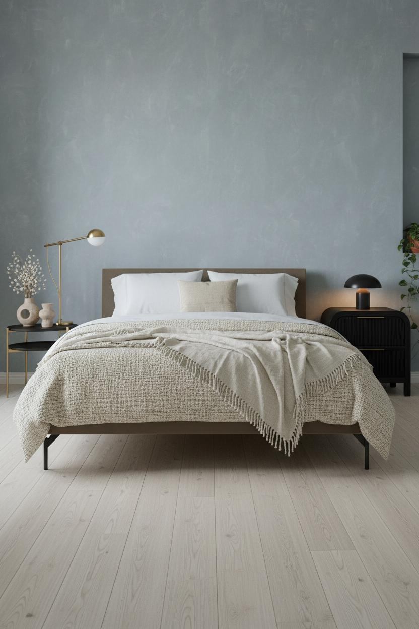 Bright earthy bedroom with warm beige walls, natural wood bed frame, matching wooden nightstand, soft neutral bedding, and natural daylight from window creating calm minimal aesthetic.