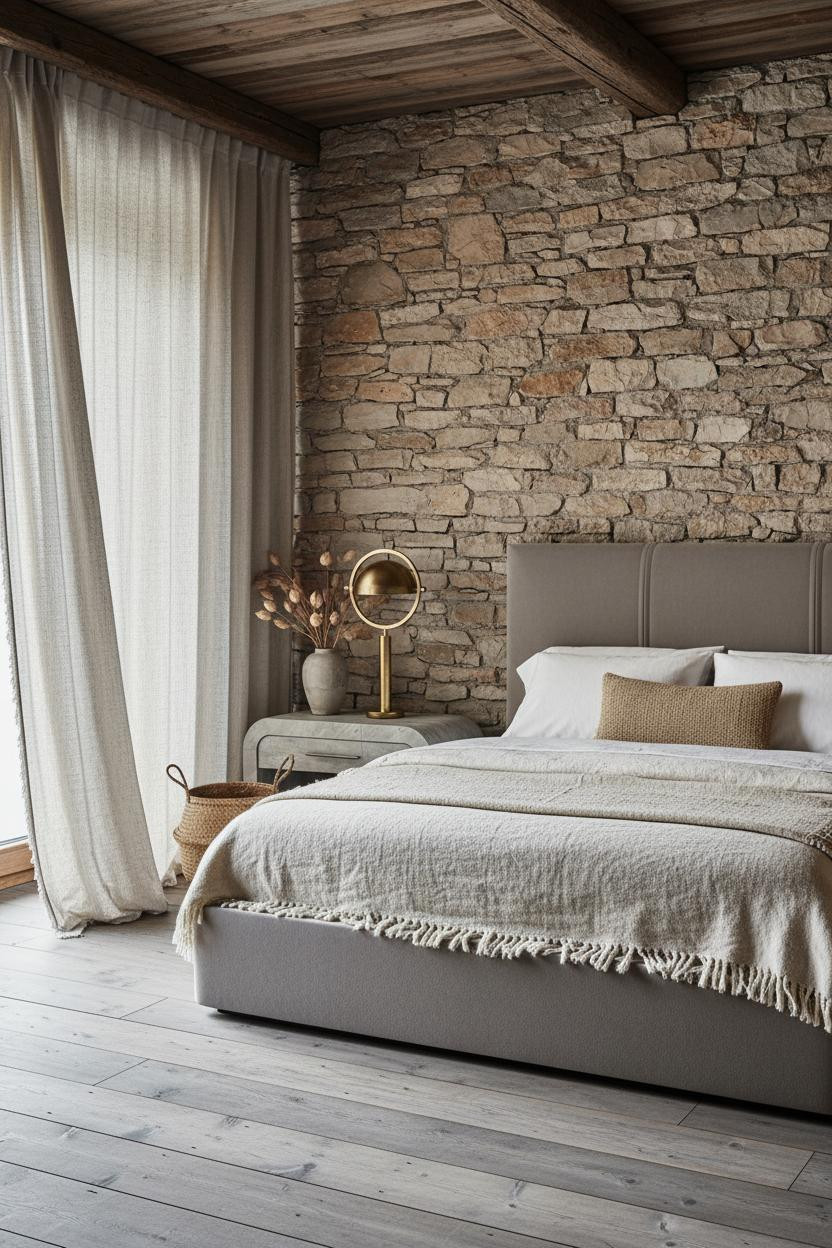 Warm earthy bedroom with natural wood bed frame, cream bedding, matte black nightstand, soft neutral walls, and bright natural window light creating a calm, minimal aesthetic.