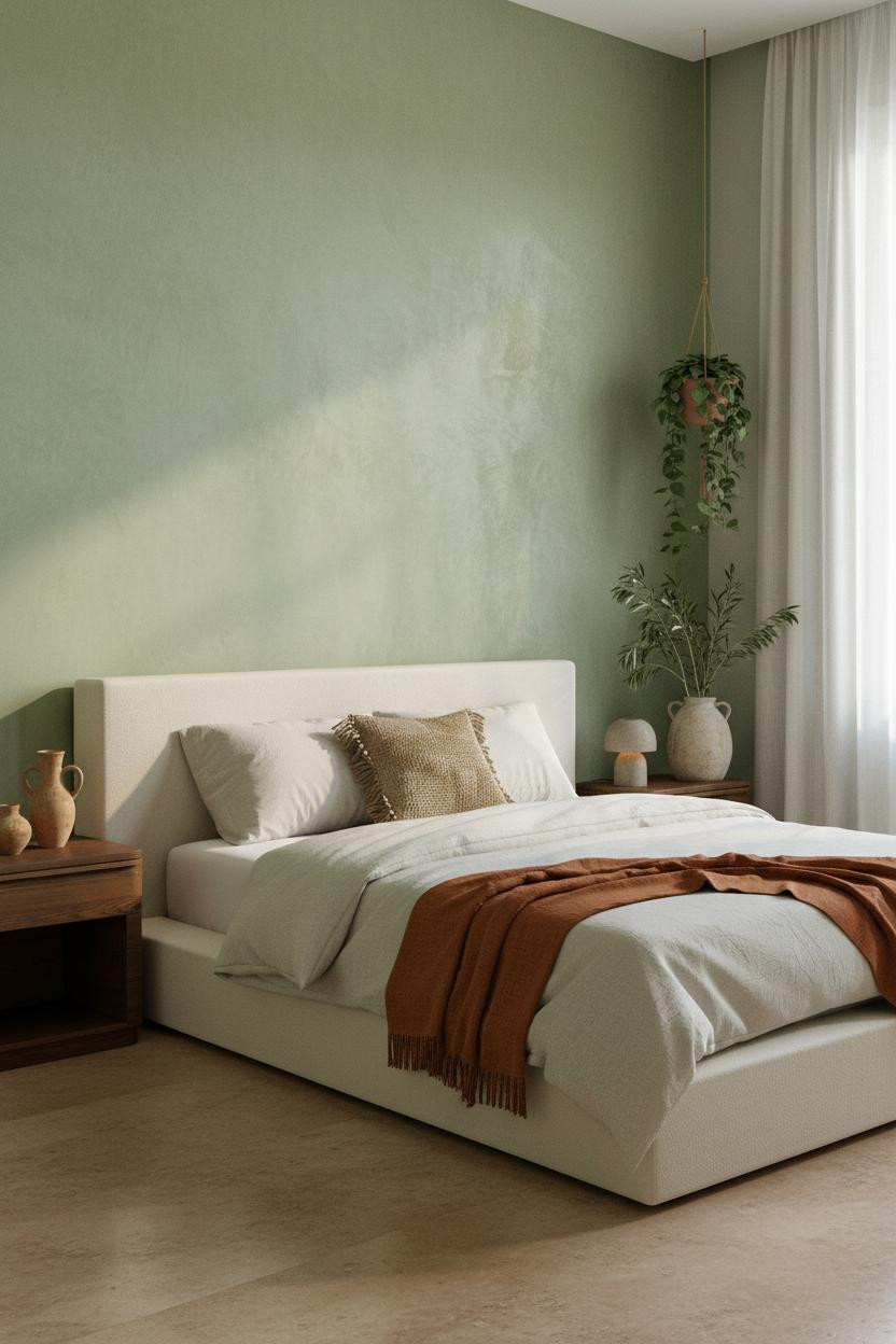 Bright, airy earthy bedroom with natural wood bed frame, warm beige bedding, soft cream walls, wooden nightstand, and natural daylight from window creating calm minimal aesthetic.