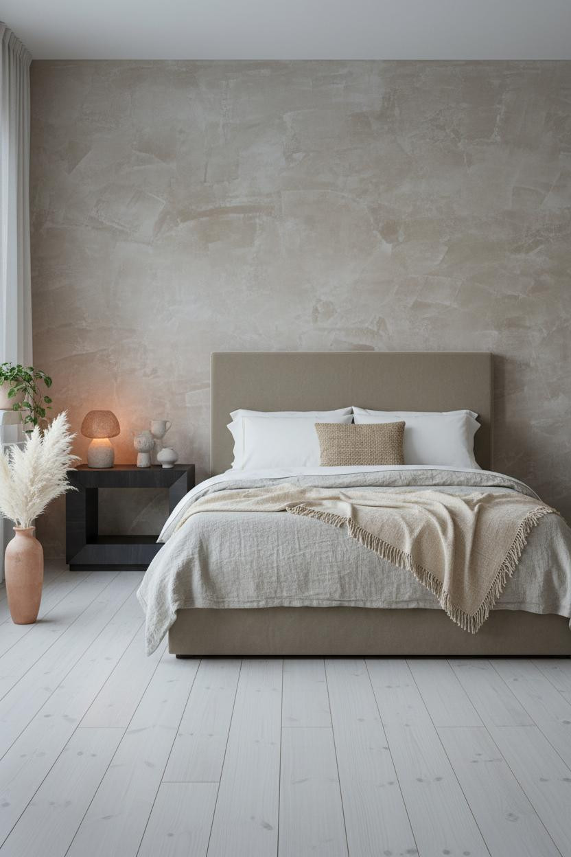 Bright, airy earthy bedroom with warm beige walls, natural wood bed frame, soft cream bedding, wooden nightstand, and soft natural daylight from window.