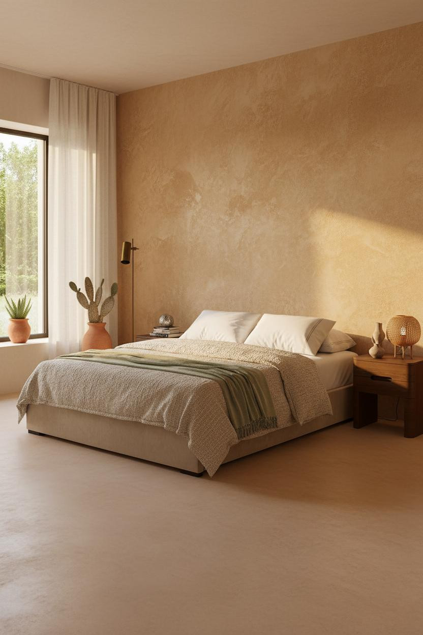 Bright earthy bedroom with warm beige walls, natural wood platform bed, cream bedding, matte brass nightstand, soft linen textures, and neutral minimalist decor in natural daylight.