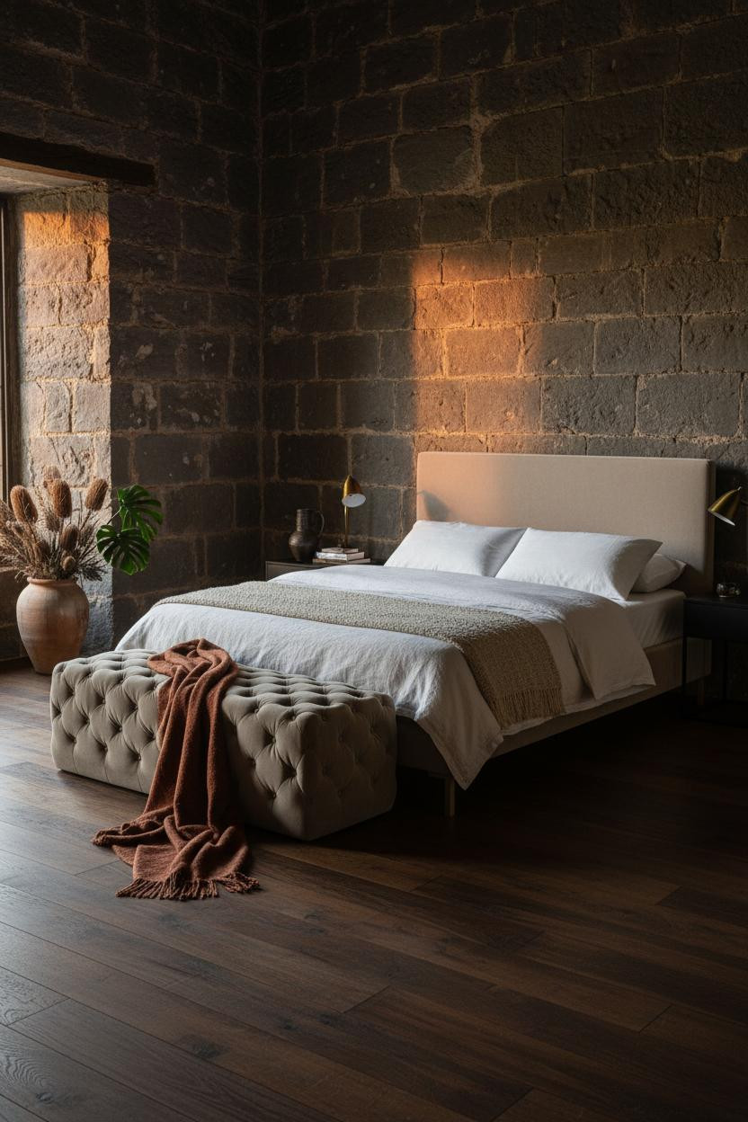 Bright earthy bedroom with warm beige walls, natural wood bed frame, soft cream bedding, tufted ottoman in neutral fabric, and soft natural daylight from window.