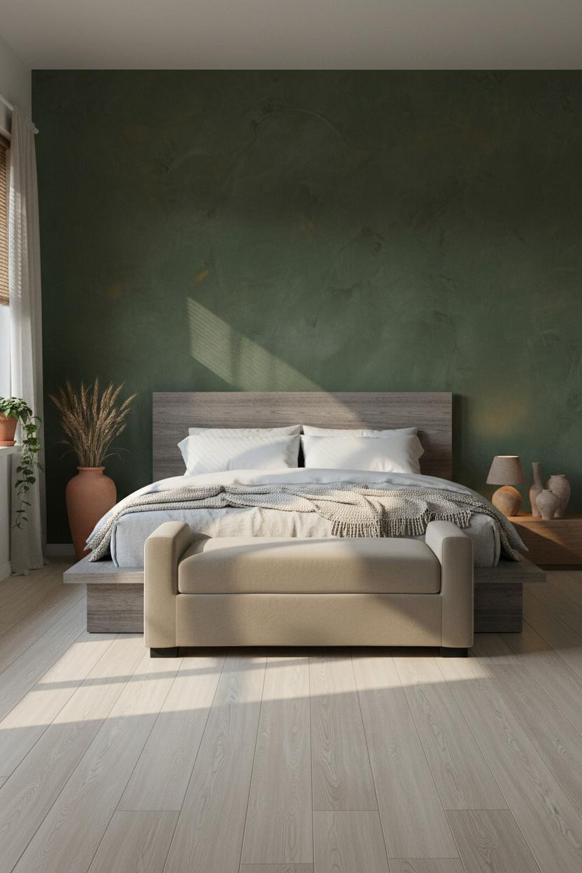 Bright earthy bedroom with warm beige walls, natural wood bed frame, soft linen bedding, cushioned bench at foot of bed, neutral color palette, natural daylight from window, minimal decor, cozy aesthetic.