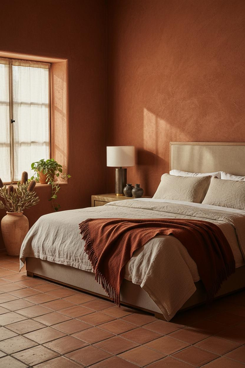 Bright earthy bedroom with warm beige walls, natural wood bed frame, soft cream bedding, matte brass bedside lamp, and natural daylight from window creating calm minimal aesthetic.