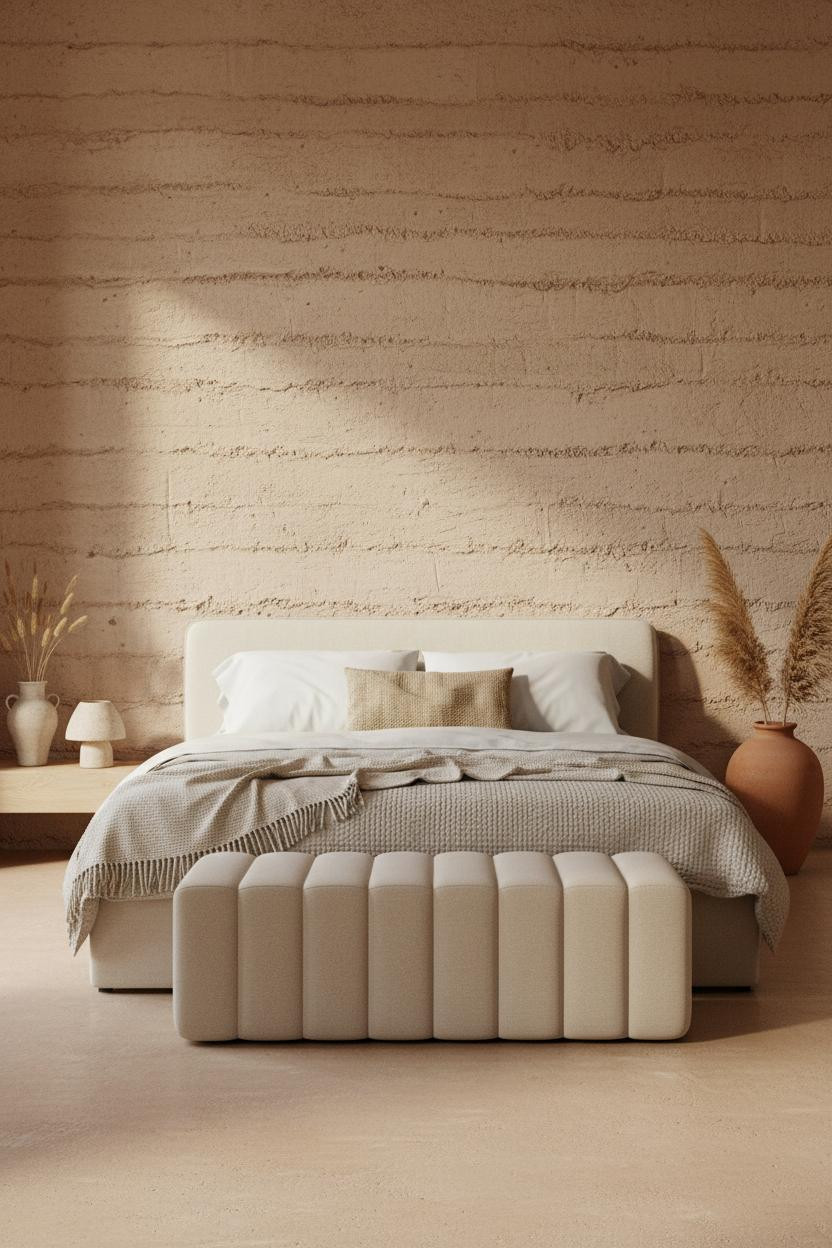Bright, airy earthy bedroom with warm beige walls, natural wood bed frame, soft linen bedding, woven textures, and upholstered channel ottoman in neutral tones. Minimal, cozy aesthetic with natural daylight.