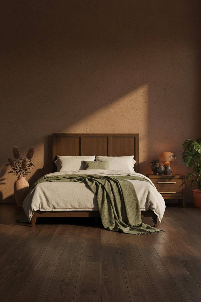 Bright earthy bedroom with warm beige walls, natural wood bed frame, cream bedding, wooden nightstand, soft natural light from window, minimal decor, calm neutral aesthetic.