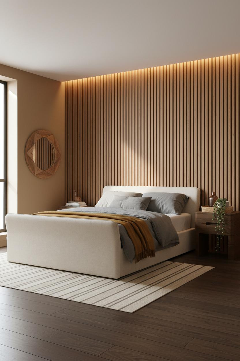 Earthy Bedroom Warm Wood Slats Natural Light